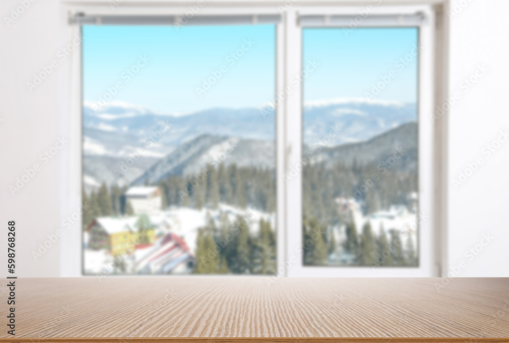 Fototapeta premium Empty wooden surface against window indoors. Space for design