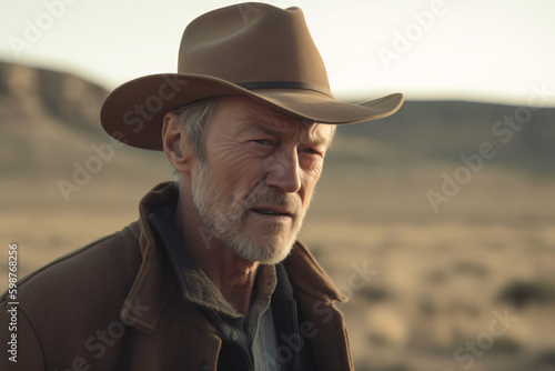 An older man wearing a cowboy hat in the desert Generative Ai