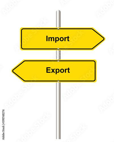 Import Export arrow shaped yellow road sign on white background
