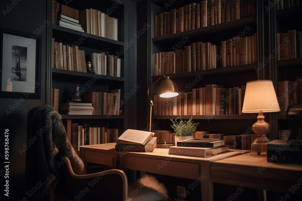 Cozy home library. Generative AI. Cozy home library. Generative AI.
