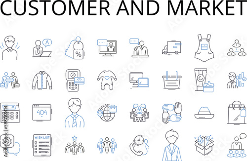 Customer and market line icons collection. Consumer, Clientele, Patrons, Buyers, Shoppers, Users, End-users vector and linear illustration. Audience,Target audience,Prospects outline signs set