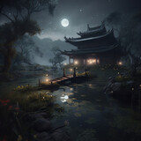 A night scene with a pond and a pagoda Generative Ai