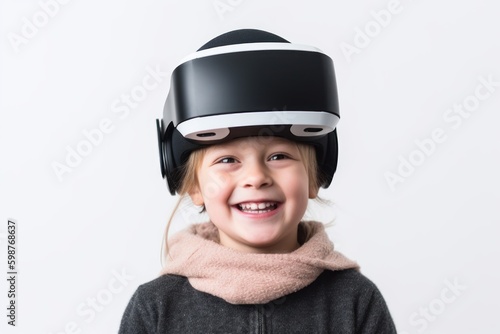 Girl child in virtual reality glasses. VR concept. AI generated, human enhanced