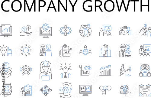 Company growth line icons collection. Business expansion, Corporate development, Organization advancement, Company progress, Enterprise evolution, Firm prosperity, Industry expansion vector and linear