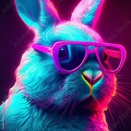 A rabbit wearing pink sunglasses and a neon background Generative Ai © Eduardo