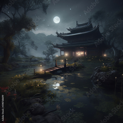 A night scene with a pond and a pagoda Generative Ai