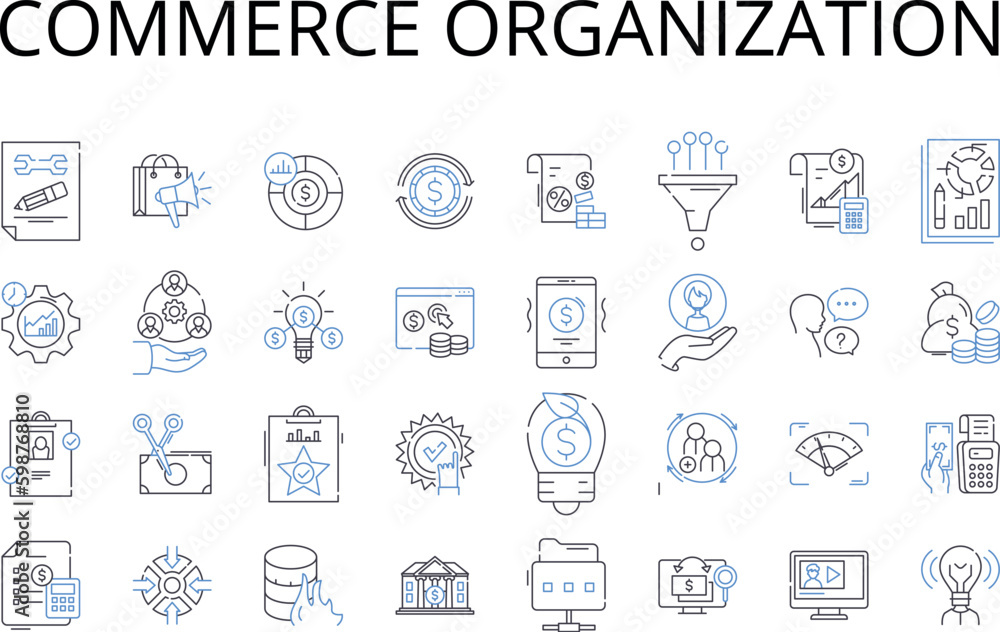 Commerce organization line icons collection. Business entity, Trading company, Financial institution, Merchandise corporation, Market establishment, Commercial enterprise, Sales outlet vector and Commerce organization line icons collection. Business entity, Trading company, Financial institution, Merchandise corporation, Market establishment, Commercial enterprise, Sales outlet vector and