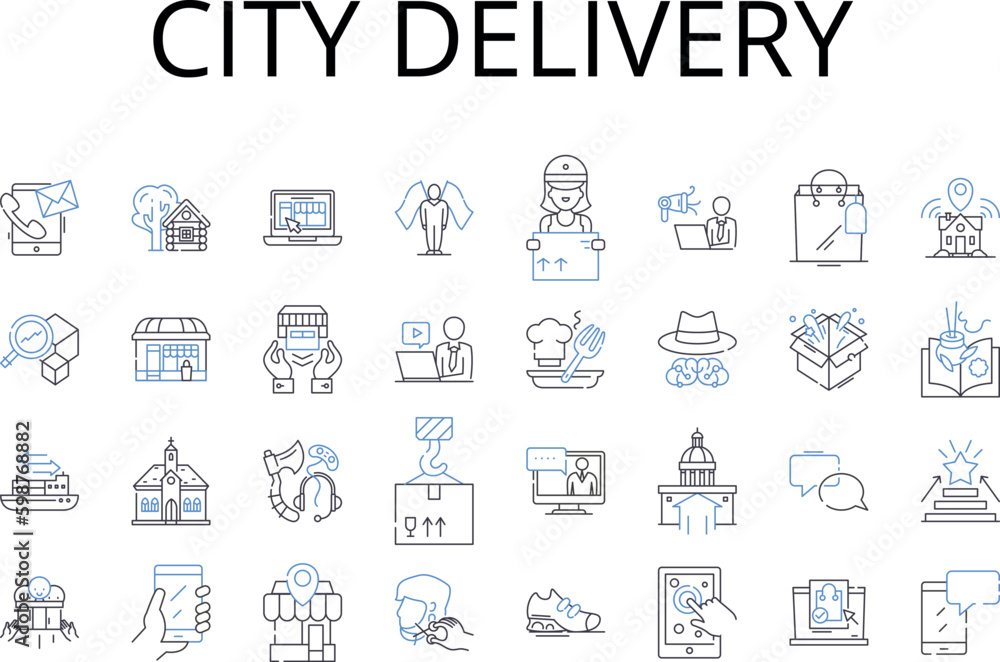 City delivery line icons collection. Urban courier services, Package drop-off in the town, Downtown parcel delivery, Downtown courier solutions, Postal delivery within cities, Metropolitan mail City delivery line icons collection. Urban courier services, Package drop-off in the town, Downtown parcel delivery, Downtown courier solutions, Postal delivery within cities, Metropolitan mail