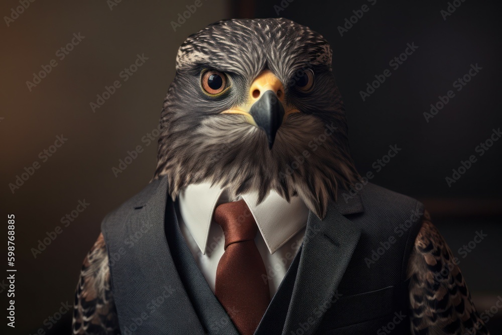 Anthropomorphic falcon dressed in a suit like a businessman. Business Concept. AI generated, human enhanced. Anthropomorphic falcon dressed in a suit like a businessman. Business Concept. AI generated, human enhanced.