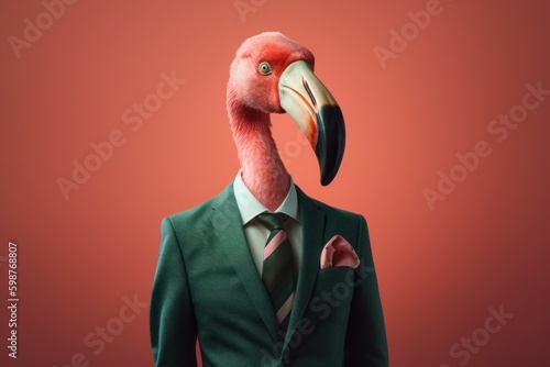 Anthropomorphic pink flamingo dressed in a suit like a businessman. Business Concept. AI generated, human enhanced