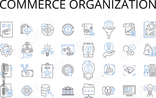 Commerce organization line icons collection. Business entity, Trading company, Financial institution, Merchandise corporation, Market establishment, Commercial enterprise, Sales outlet vector and