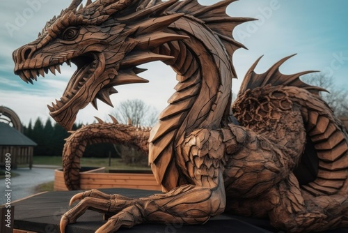 Giant green wooden dragon sculpture. AI generated, human enhanced. © top images