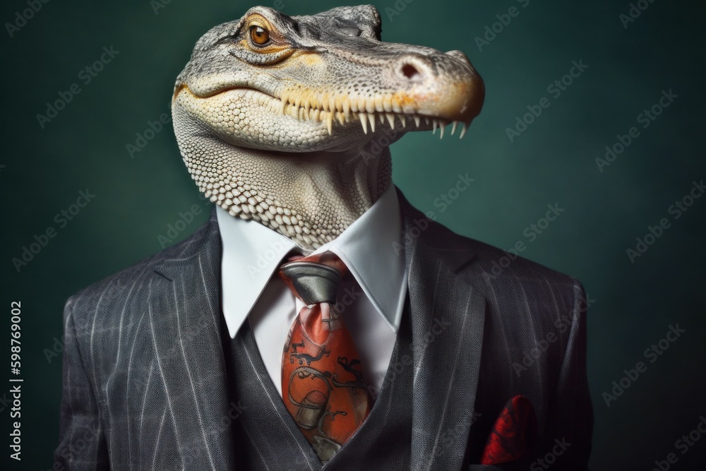 Anthropomorphic crocodile dressed in a suit like a businessman. business concept. AI generated, human enhanced Anthropomorphic crocodile dressed in a suit like a businessman. business concept. AI generated, human enhanced
