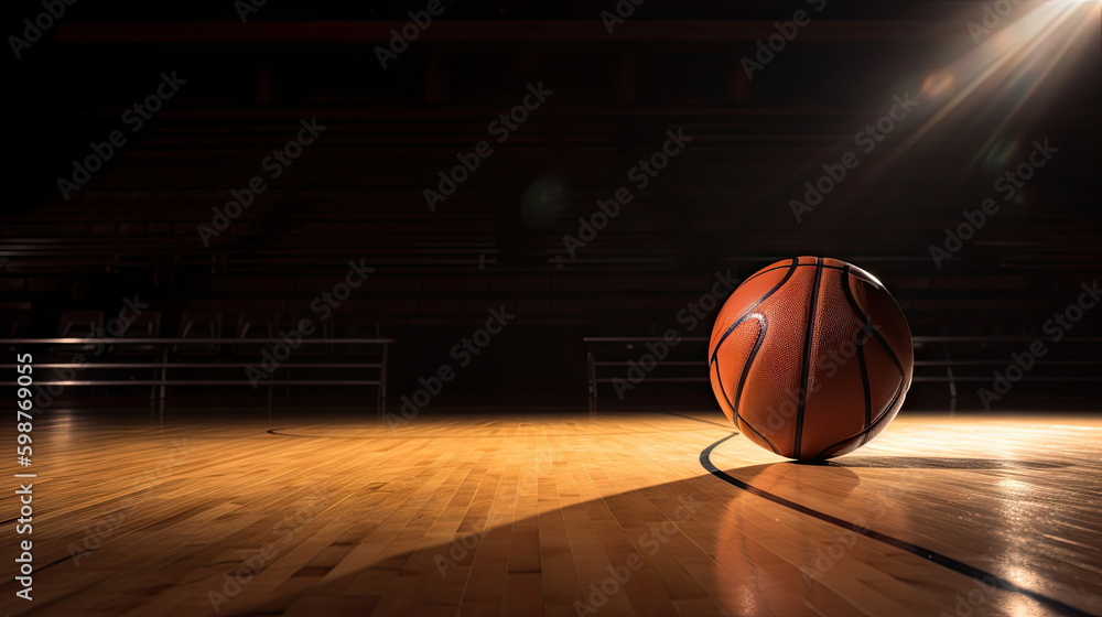 Basketball on wooden floor with stadium background Basketball on wooden floor with stadium background