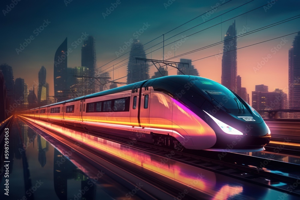 High-speed futuristic train. The concept of modern public transport and travel. AI generated, human enhanced