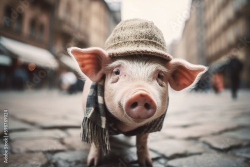 Anthropomorphic hipster pig on a blurred background of an urban environment. AI generated, human enhanced photo