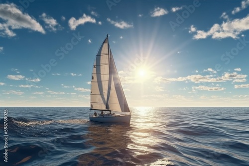 Sailboat at sea. Backdrop or background with copy space. AI generated, human enhanced.
