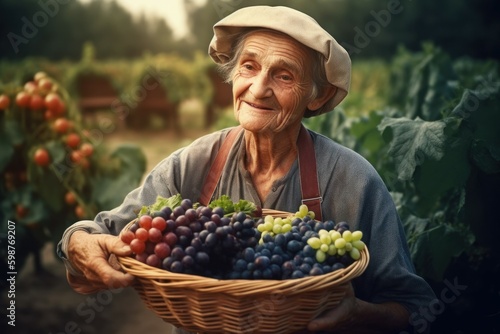 Harvesting, female farmer holds a basket against the background of a farm. AI generated, human enhanced.