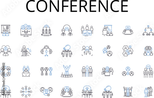 Conference line icons collection. Meeting, Assembly, Symposium, Convention, Rallying, Gathering, Summit vector and linear illustration. Convocation,Seminar,Forum outline signs set