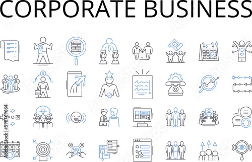 Corporate business line icons collection. Governmental administration, Professional establishment, Financial industry, Entrepreneurial venture, Industrial commerce, Multinational corporation