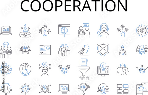 Cooperation line icons collection. Assistance, Collaboration, Partnership, Unity, Accordance, Fellowship, Association vector and linear illustration. Synergy,Concatenation,Togetherness Generative AI