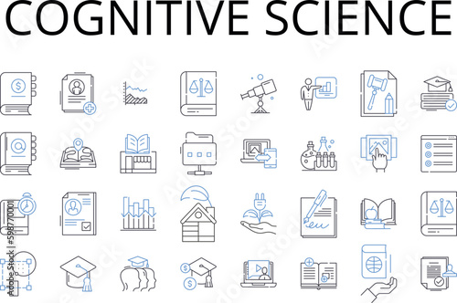 Cognitive science line icons collection. Quantum physics, Social psychology, Linguistic analysis, Cyber security, Data analytics, Environmental science, Digital marketing vector and Generative AI