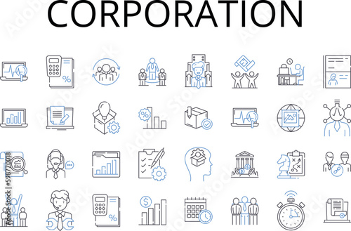 Corporation line icons collection. Business entity, Conglomerate, Company group, Commercial enterprise, Concern organization, Inc undertaking, Joint venture vector and linear Generative AI