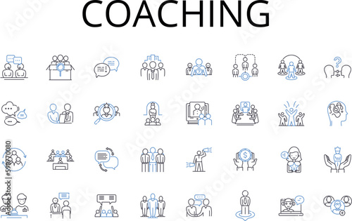 Coaching line icons collection. Mentoring, Guiding, Training, Instructing, Tutoring, Advising, Teaching vector and linear illustration. Directing,Counseling,Educating outline signs set Generative AI