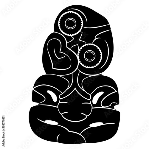 Hei-tiki pendant of the Māori of New Zealand. Green stone carvings with inlaid eyes. Totem figurines. Ethnic design. Black and white negative silhouette.