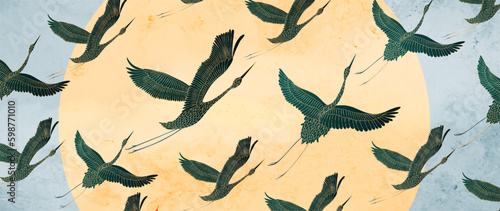 Luxury art background with birds cranes hand drawn with golden art line elements. Animal banner for decoration design, print, wallpaper, interior design, print, poster.