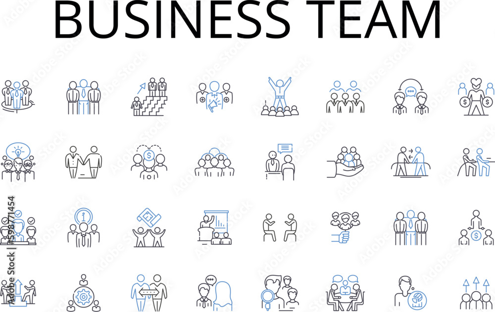 Business team line icons collection. Management group, Office staff, Corporate squad, Marketing team, Sales force, Customer service, Production crew vector and linear illustration. Operations crew Business team line icons collection. Management group, Office staff, Corporate squad, Marketing team, Sales force, Customer service, Production crew vector and linear illustration. Operations crew