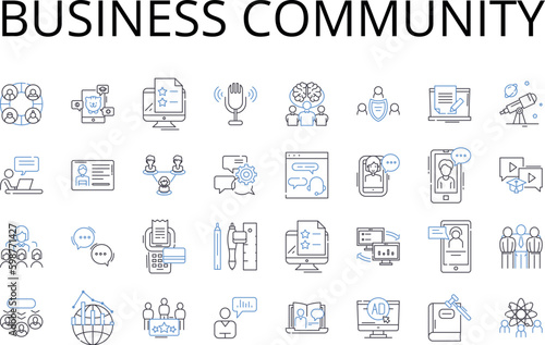 Business community line icons collection. Commercial sector, Trade organization, Corporate nerk, Entrepreneur circle, Financial district, Sales society, Market group vector and linear illustration