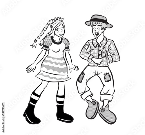 Festa Junina. Brazilian traditional celebration. Young man and young woman in farm clothes dancing. White and black design. Vector illustration isolated on transparent background.
