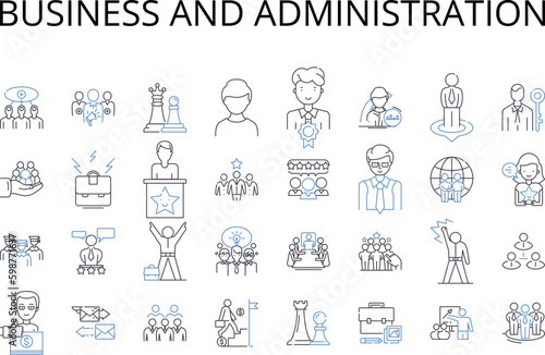 Business and administration line icons collection. Commerce, Management, Financial affairs, Leadership, Commercial affairs, Corporate affairs, Executive affairs vector and linear illustration