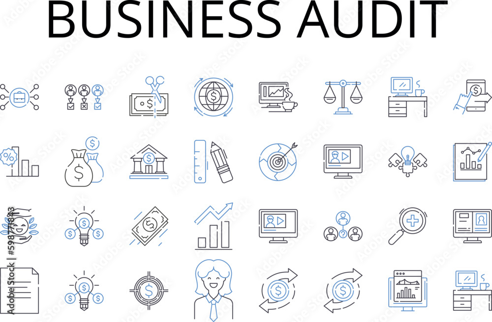 Business audit line icons collection. Financial review, Performance assessment, Operations evaluation, Market analysis, Record inspection, Risk examination, Workflow examination vector and linear Business audit line icons collection. Financial review, Performance assessment, Operations evaluation, Market analysis, Record inspection, Risk examination, Workflow examination vector and linear