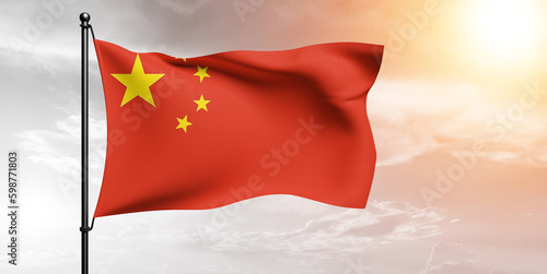 Tablou canvas China national flag cloth fabric waving on beautiful sky grey Background