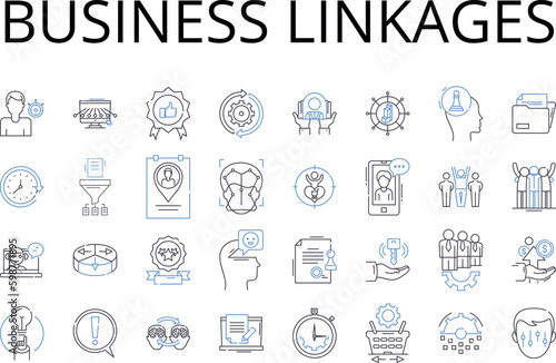 Business linkages line icons collection. Trade connections, Corporate affiliations, Economic partnerships, Commercial ties, Fiscal nerks, Market relationships, Industry bonds vector and linear