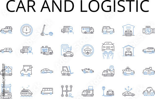 Car and logistic line icons collection. Vehicle and transportation, Automobile and conveyance, Truck and haulage, Bike and conveyance, Van and carriage, Scooter and transportation, Bus and transit