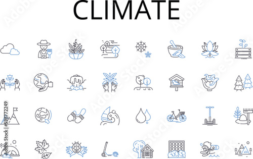 Climate line icons collection. Environment, Atmosphere, Weather, Temperature, Ecology, Biosphere, Ecosystem vector and linear illustration. Sustainability,Greenhouse,Oxygen outline signs set