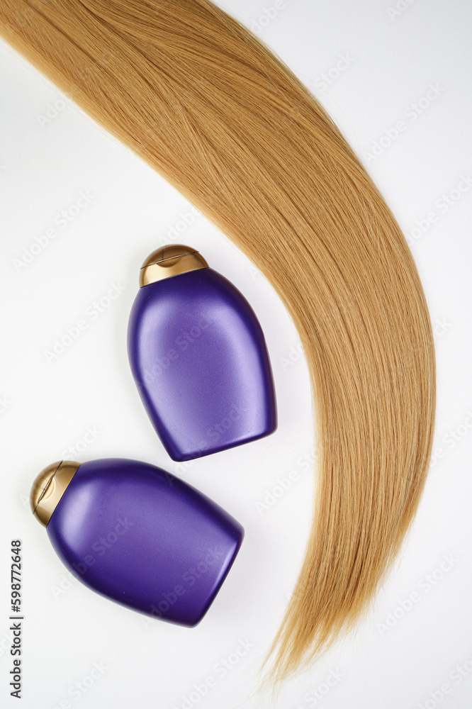 Fototapeta premium Mask, shampoo, conditioner for hair. Professional hair care products. Shiny healthy hair. Eco care product. bottle mockup. blonde 