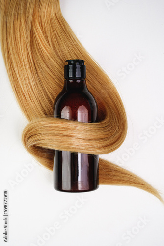 Shampoo, conditioner for hair. Professional hair care products.  Shiny healthy hair. Eco care product. Bottle mockup. blonde 