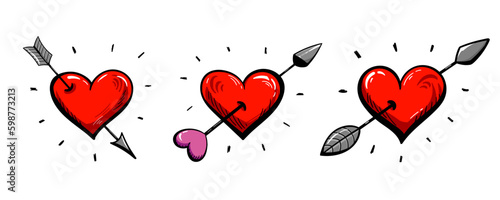 Colorful hand drawn hearts with arrows set. Light details and shadows. Cartoon style.