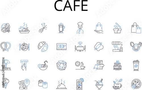 Cafe line icons collection. Bistro, Restaurant, Diner, Eatery, Brasserie, Deli, Snack bar vector and linear illustration. Tea room,Coffeehouse,Canteen outline signs set