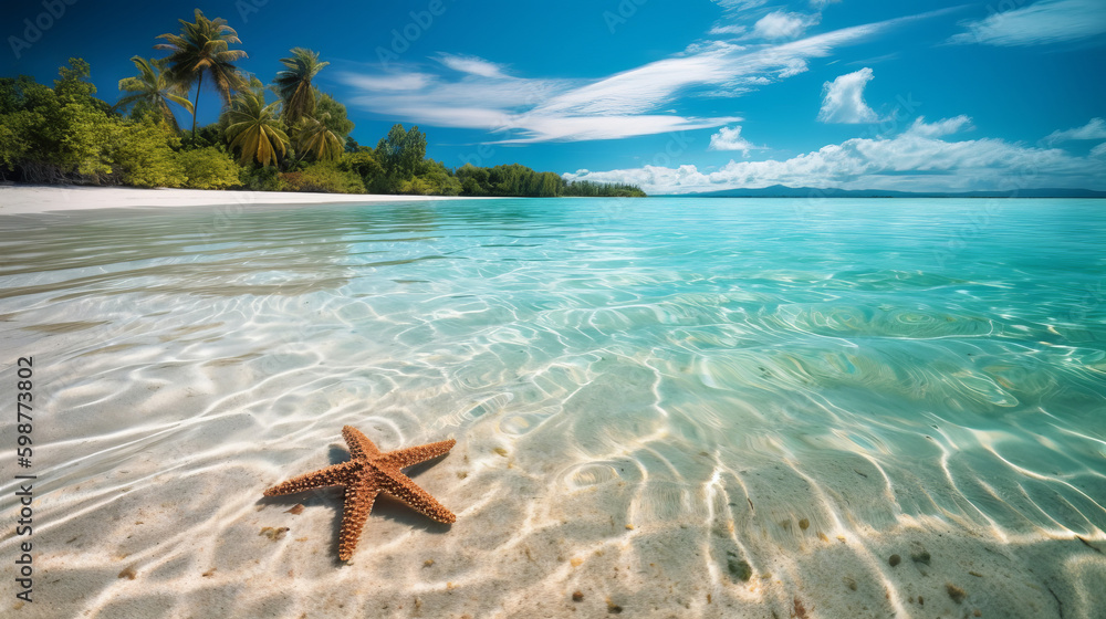 Tropical beach with starfish. Created with Generative AI technology. Tropical beach with starfish. Created with Generative AI technology.
