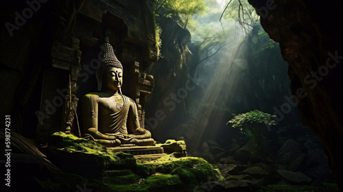 Closeup of an Asian Buddha statue in a cave in the jungle