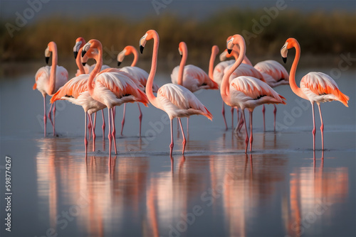 Close up on the beautiful group of flamingos in the wild

