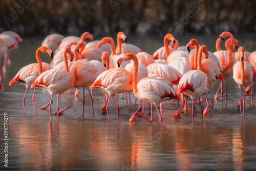Close up on the beautiful group of flamingos in the wild