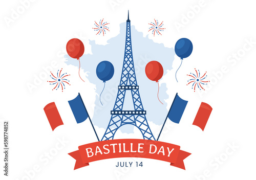 Happy Bastille Day on 14 july Vector Illustration with French Flag and Eiffel Tower in Flat Cartoon Hand Drawn for Landing Page Templates