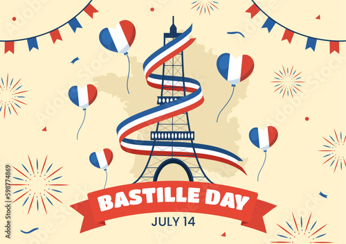 Happy Bastille Day on 14 july Vector Illustration with French Flag and Eiffel Tower in Flat Cartoon Hand Drawn for Landing Page Templates