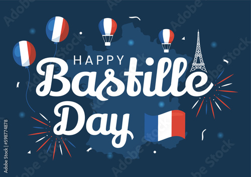 Happy Bastille Day on 14 july Vector Illustration with French Flag and Eiffel Tower in Flat Cartoon Hand Drawn for Landing Page Templates
